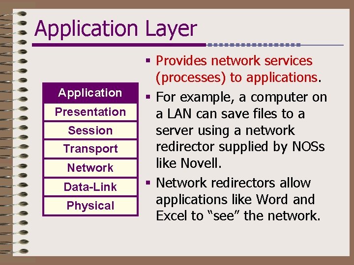 Application Layer Application Presentation Session Transport Network Data-Link Physical § Provides network services (processes)