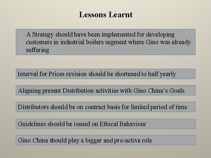 Lessons Learnt A Strategy should have been implemented for developing customers in industrial boilers