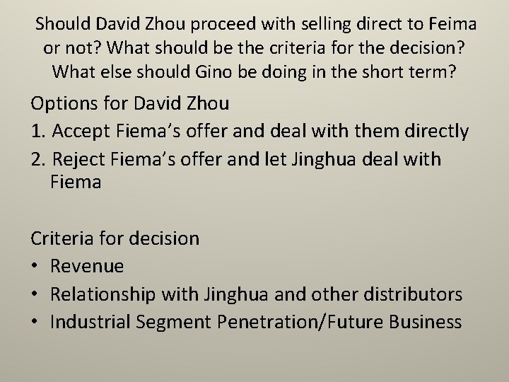  Should David Zhou proceed with selling direct to Feima or not? What should