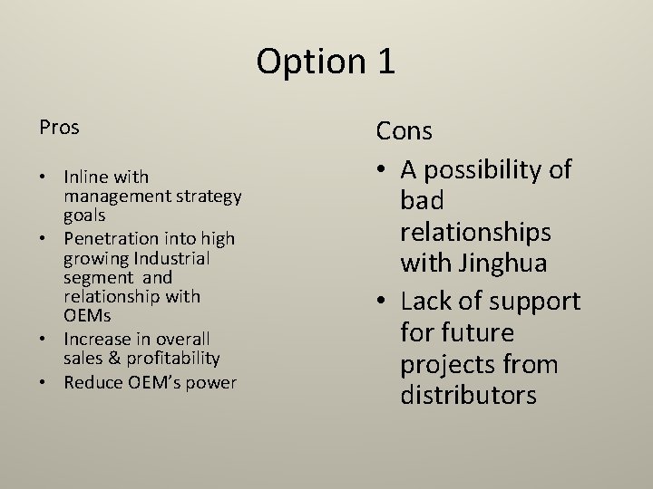 Option 1 Pros • Inline with management strategy goals • Penetration into high growing