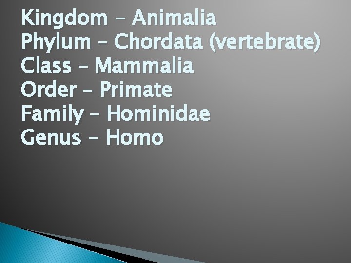 Kingdom - Animalia Phylum – Chordata (vertebrate) Class – Mammalia Order – Primate Family
