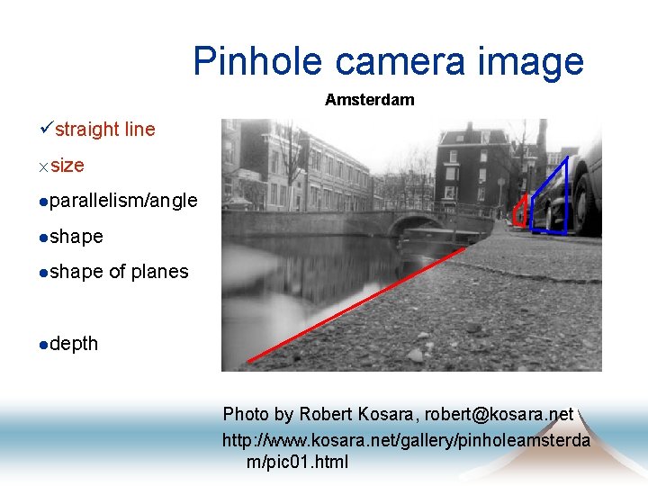Pinhole camera image Amsterdam üstraight line ´size lparallelism/angle lshape of planes ldepth Photo by