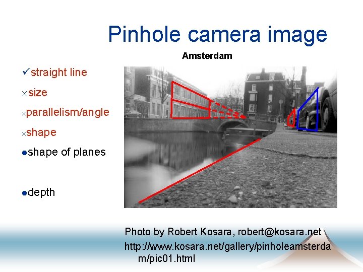 Pinhole camera image Amsterdam üstraight line ´size ´parallelism/angle ´shape lshape of planes ldepth Photo