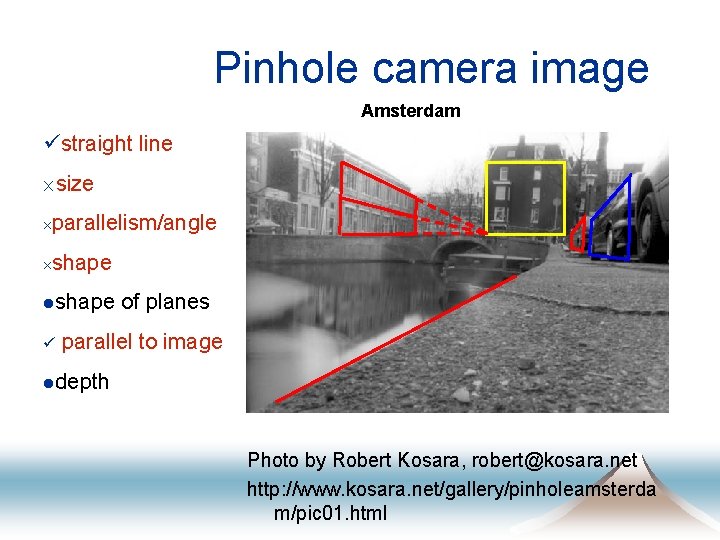 Pinhole camera image Amsterdam üstraight line ´size ´parallelism/angle ´shape lshape ü of planes parallel