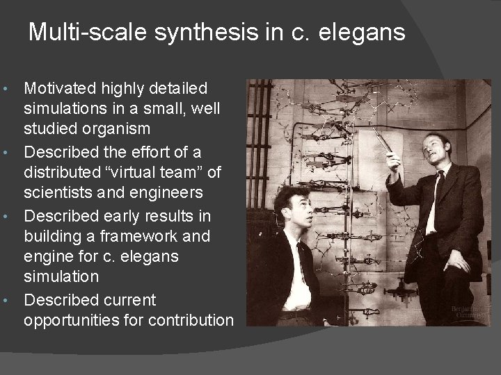 Multi-scale synthesis in c. elegans Motivated highly detailed simulations in a small, well studied Multi-scale synthesis in c. elegans Motivated highly detailed simulations in a small, well studied