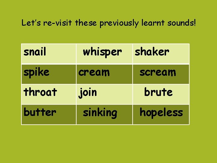 Let’s re-visit these previously learnt sounds! snail whisper spike cream throat join butter sinking
