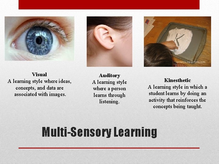 Visual A learning style where ideas, concepts, and data are associated with images. Auditory