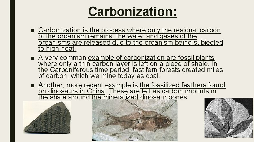 Carbonization: ■ Carbonization is the process where only the residual carbon of the organism