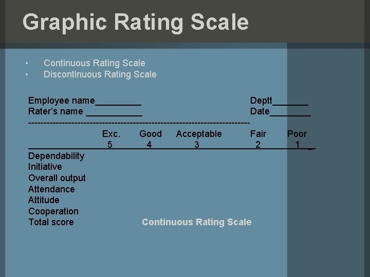 Graphic Rating Scale • • Continuous Rating Scale Discontinuous Rating Scale Employee name_____ Deptt_______