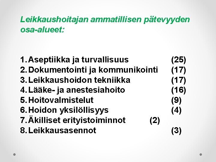 Leikkaushoitajan ammatillisen pätevyyden osa-alueet: 1. Aseptiikka ja turvallisuus 2. Dokumentointi ja kommunikointi 3. Leikkaushoidon