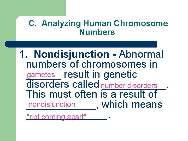 C. Analyzing Human Chromosome Numbers 1. Nondisjunction - Abnormal numbers of chromosomes in gametes