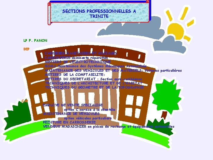 SECTIONS PROFESSIONNELLES A TRINITE LP F. FANON BEP CARRIERES SANITAIRES ET SOCIALES CARROSSERIE dominante