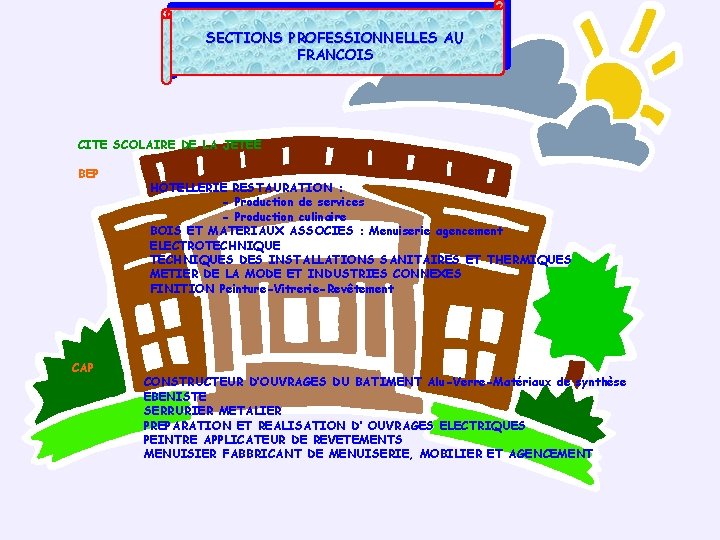 SECTIONS PROFESSIONNELLES AU FRANCOIS CITE SCOLAIRE DE LA JETEE BEP CAP HOTELLERIE RESTAURATION :