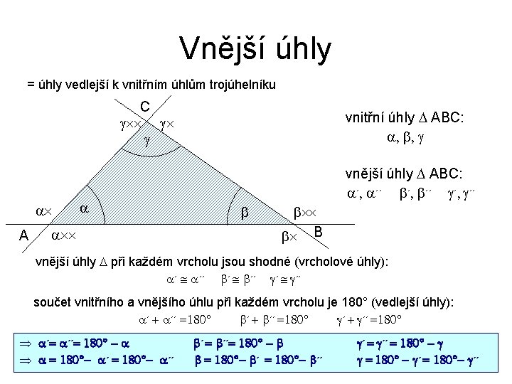 Vnější úhly = úhly vedlejší k vnitřním úhlům trojúhelníku C g´´ g´ g a´