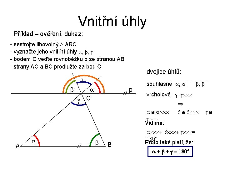 Vnitřní úhly Příklad – ověření, důkaz: - sestrojte libovolný ABC - vyznačte jeho vnitřní