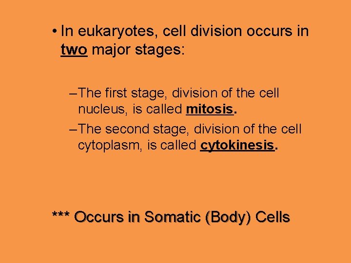  • In eukaryotes, cell division occurs in two major stages: – The first