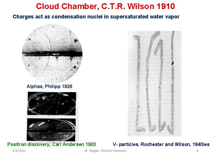 Cloud Chamber, C. T. R. Wilson 1910 Charges act as condensation nuclei in supersaturated