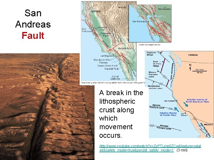 San Andreas Fault A break in the lithospheric crust along which movement occurs. http: