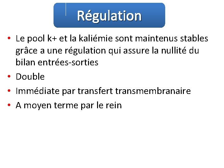 Régulation • Le pool k+ et la kaliémie sont maintenus stables grâce a une