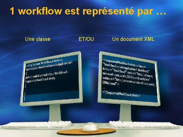 1 workflow est représenté par … Une classe ET/OU Un document XML 