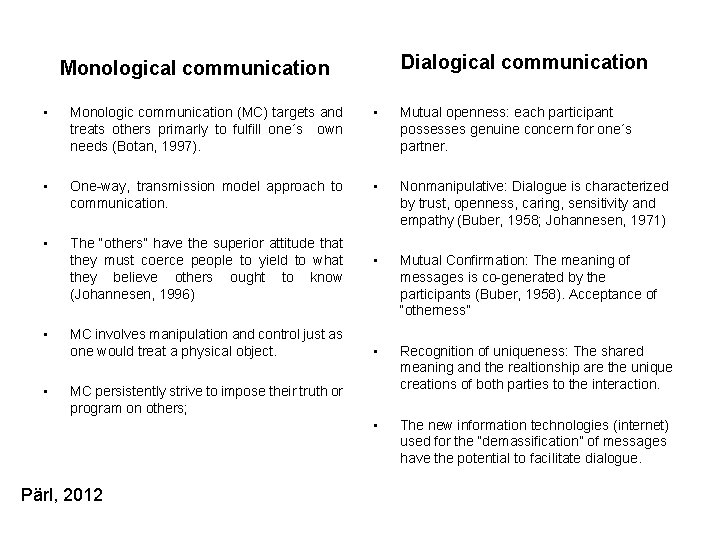 Dialogical communication Monological communication • Monologic communication (MC) targets and treats others primarly to