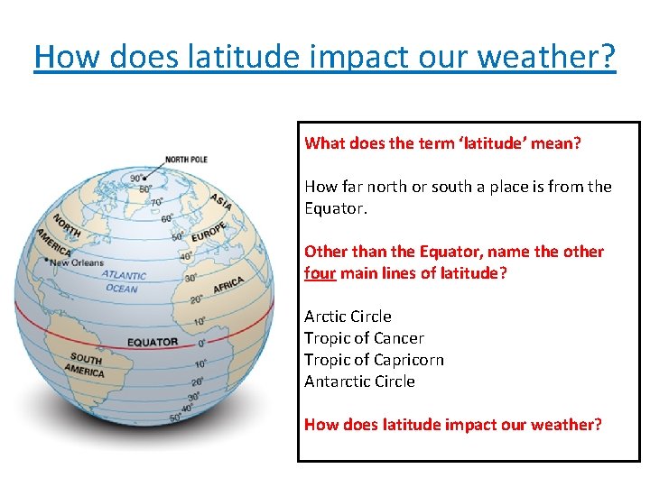 How does latitude impact our weather? What does the term ‘latitude’ mean? How far How does latitude impact our weather? What does the term ‘latitude’ mean? How far