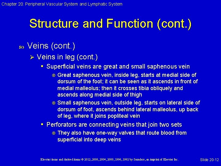 Chapter 20: Peripheral Vascular System and Lymphatic System Structure and Function (cont. ) Veins