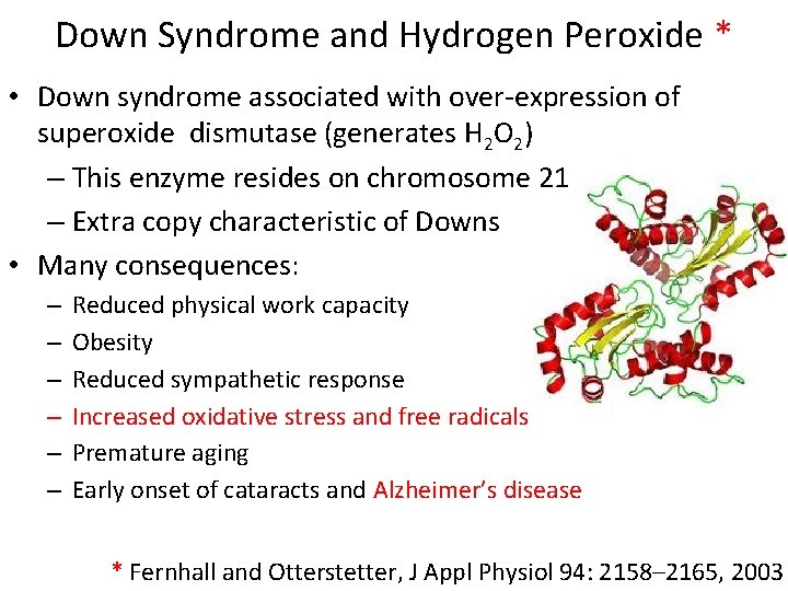 Down Syndrome and Hydrogen Peroxide * • Down syndrome associated with over-expression of superoxide