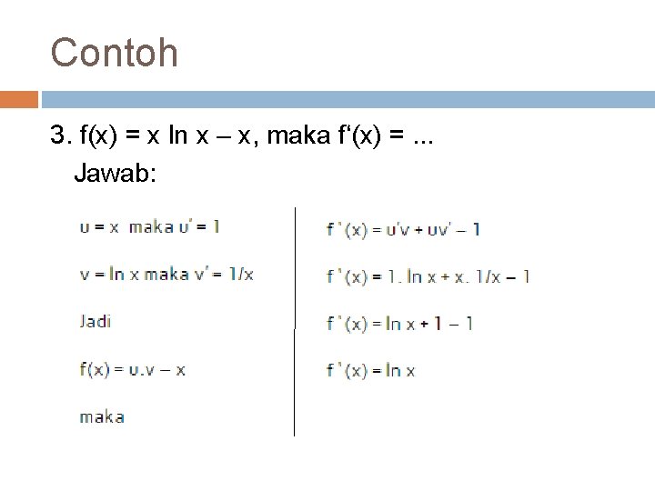 Contoh 3. f(x) = x ln x – x, maka f‘(x) =. . .