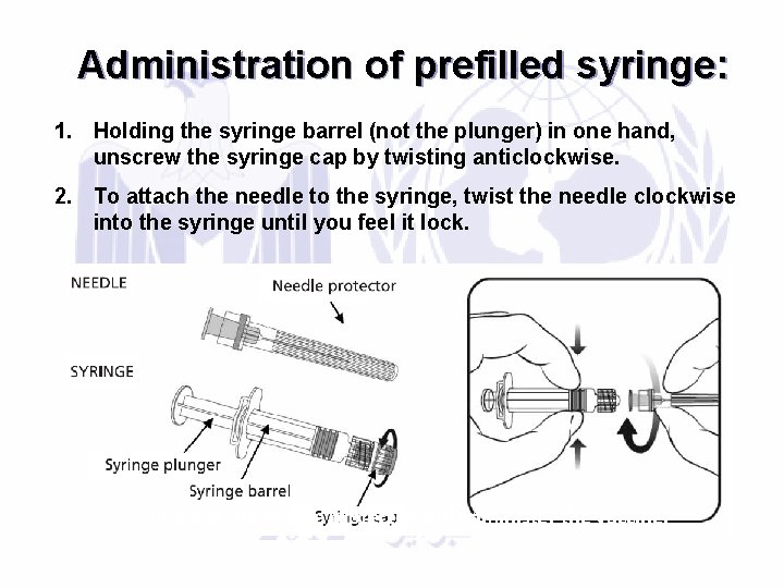 Administration of prefilled syringe: 1. Holding the syringe barrel (not the plunger) in one