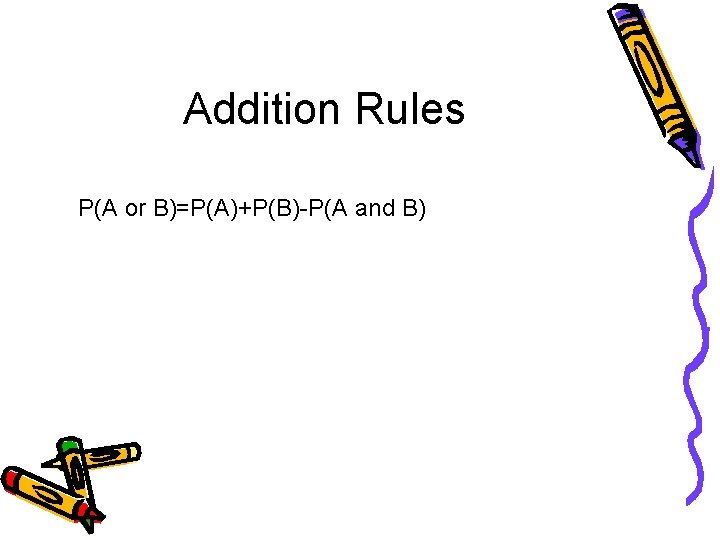 Addition Rules P(A or B)=P(A)+P(B)-P(A and B) 