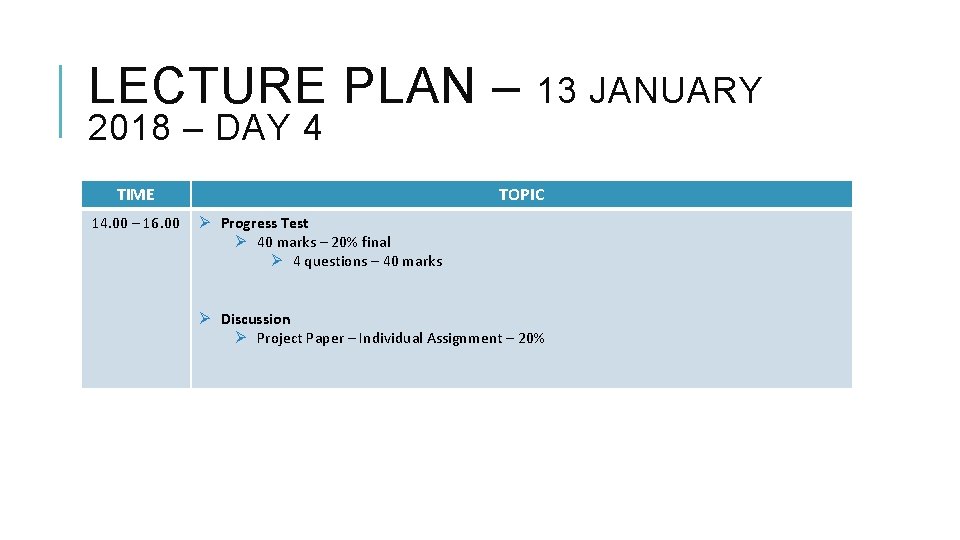 LECTURE PLAN – 2018 – DAY 4 TIME 14. 00 – 16. 00 13