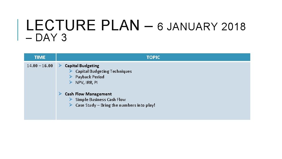 LECTURE PLAN – – DAY 3 TIME 14. 00 – 16. 00 6 JANUARY