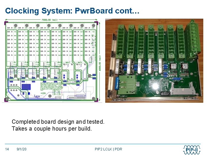 Clocking System: Pwr. Board cont… Completed board design and tested. Takes a couple hours