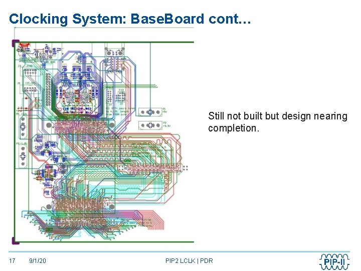 Clocking System: Base. Board cont… Still not built but design nearing completion. 17 9/1/20