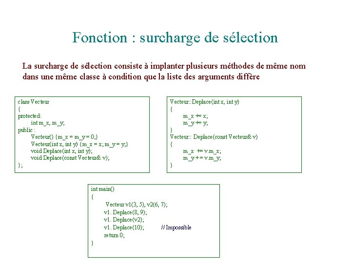 Fonction : surcharge de sélection La surcharge de sélection consiste à implanter plusieurs méthodes