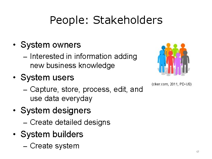 People: Stakeholders • System owners – Interested in information adding new business knowledge • People: Stakeholders • System owners – Interested in information adding new business knowledge •