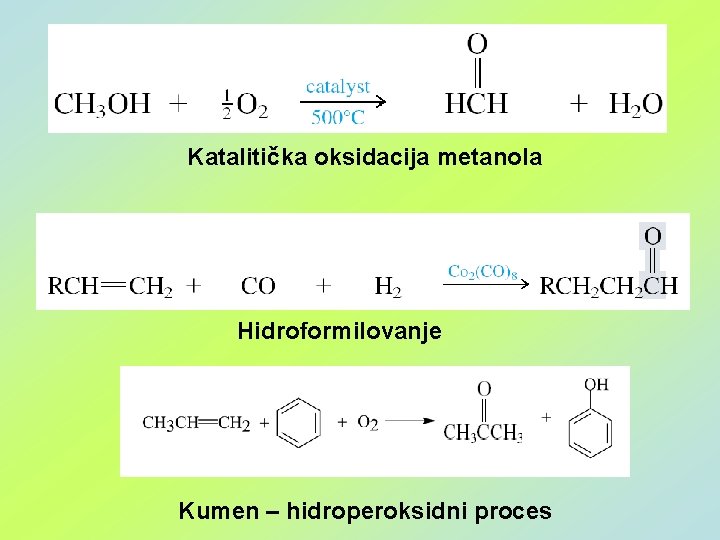 Katalitička oksidacija metanola Hidroformilovanje Kumen – hidroperoksidni proces 