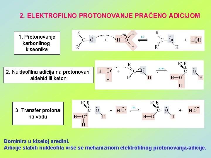 2. ELEKTROFILNO PROTONOVANJE PRAĆENO ADICIJOM 1. Protonovanje karbonilnog kiseonika 2. Nukleofilna adicija na protonovani