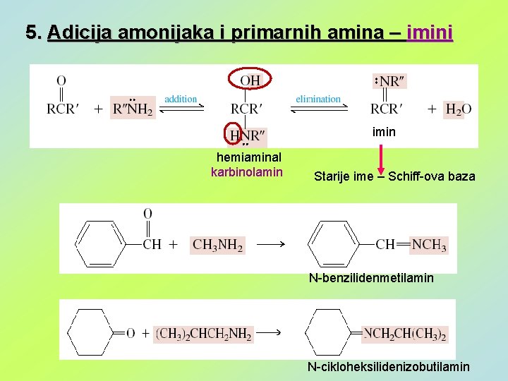 5. Adicija amonijaka i primarnih amina – imini imin hemiaminal karbinolamin Starije ime –