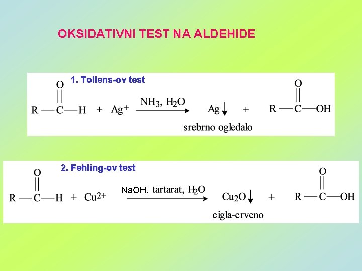 OKSIDATIVNI TEST NA ALDEHIDE 1. Tollens-ov test 2. Fehling-ov test Na. OH, 