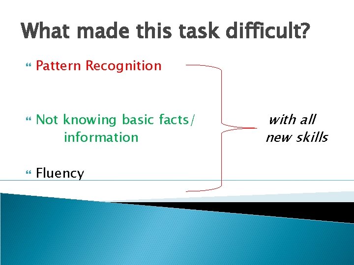 What made this task difficult? Pattern Recognition Not knowing basic facts/ information Fluency with
