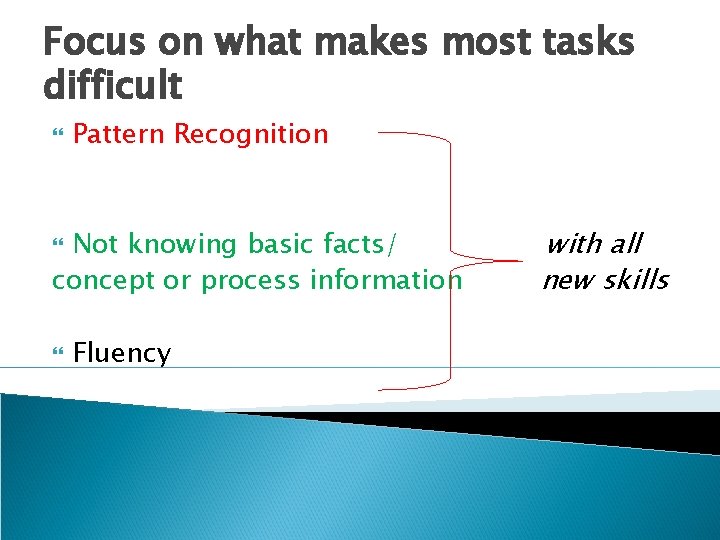 Focus on what makes most tasks difficult Pattern Recognition Not knowing basic facts/ concept