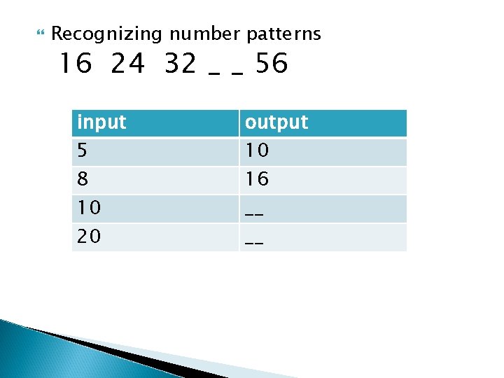  Recognizing number patterns 16 24 32 _ _ 56 input 5 8 10
