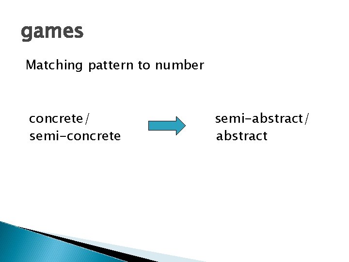 games Matching pattern to number concrete/ semi-concrete semi-abstract/ abstract 