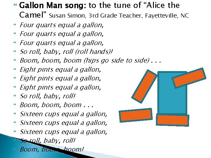  Gallon Man song: to the tune of “Alice the Camel” Susan Simon, 3