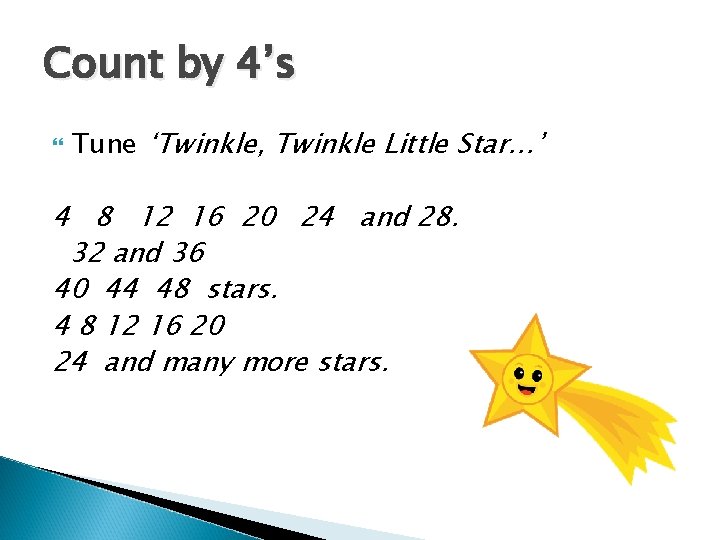 Count by 4’s Tune ‘Twinkle, Twinkle Little Star…’ 4 8 12 16 20 24