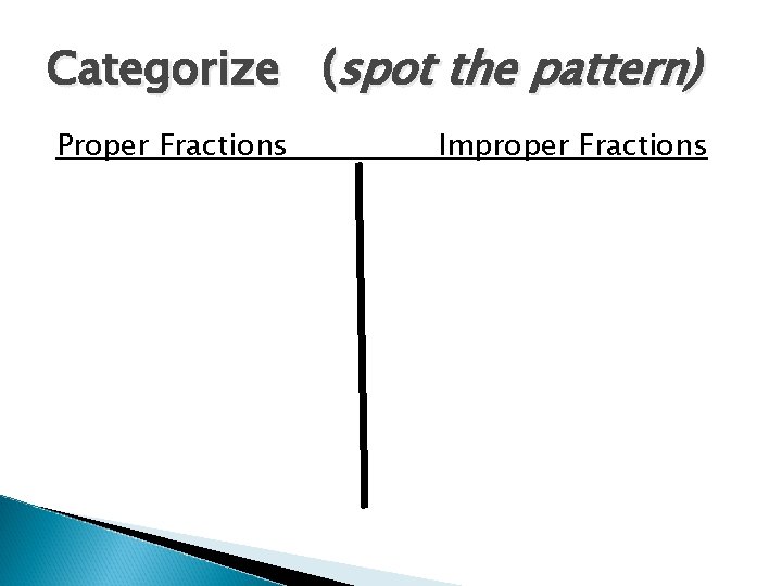 Categorize (spot the pattern) Proper Fractions Improper Fractions 