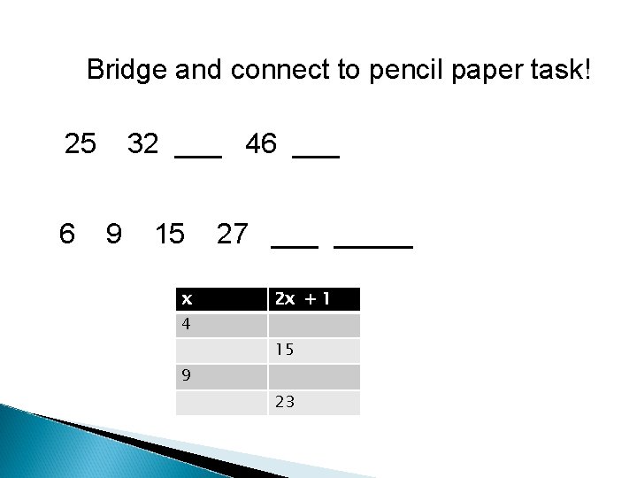 Bridge and connect to pencil paper task! 25 6 32 ___ 46 ___ 9