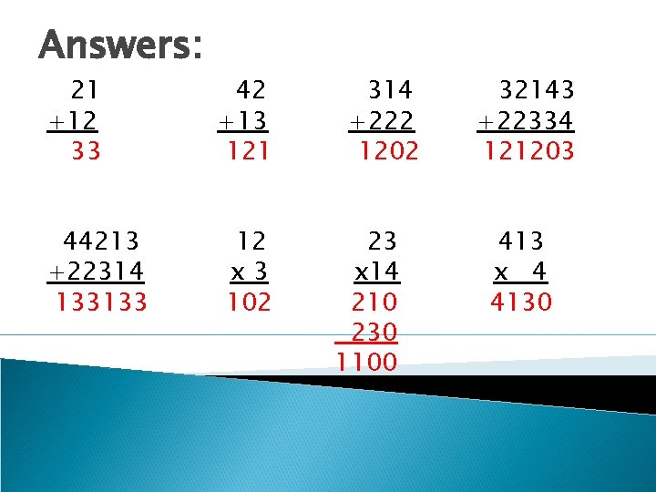 Answers: 21 +12 33 44213 +22314 133133 42 +13 121 12 x 3 102